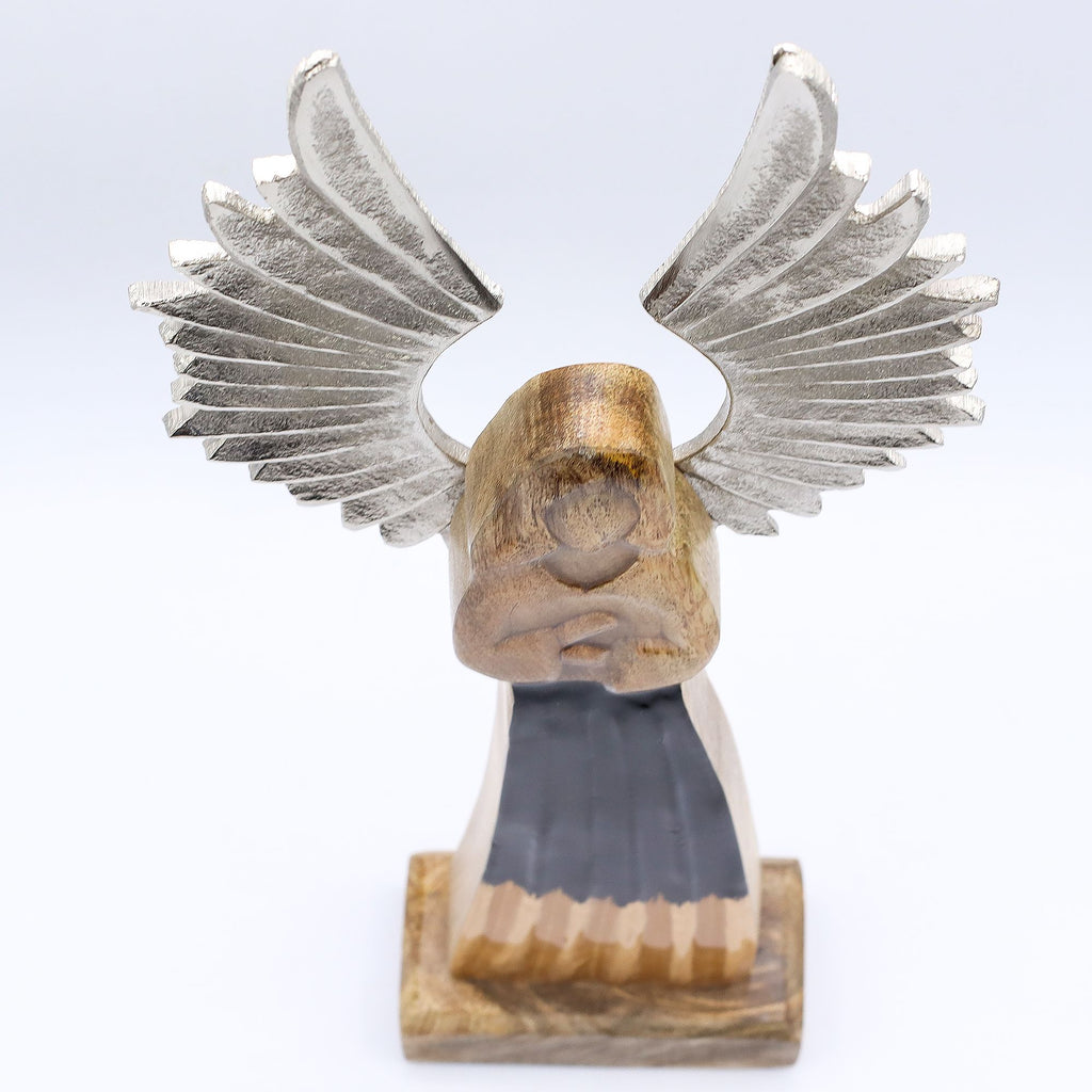 * Grand ange gardien en bois de manguier 40 cm – Ailes en métal et émail noir
