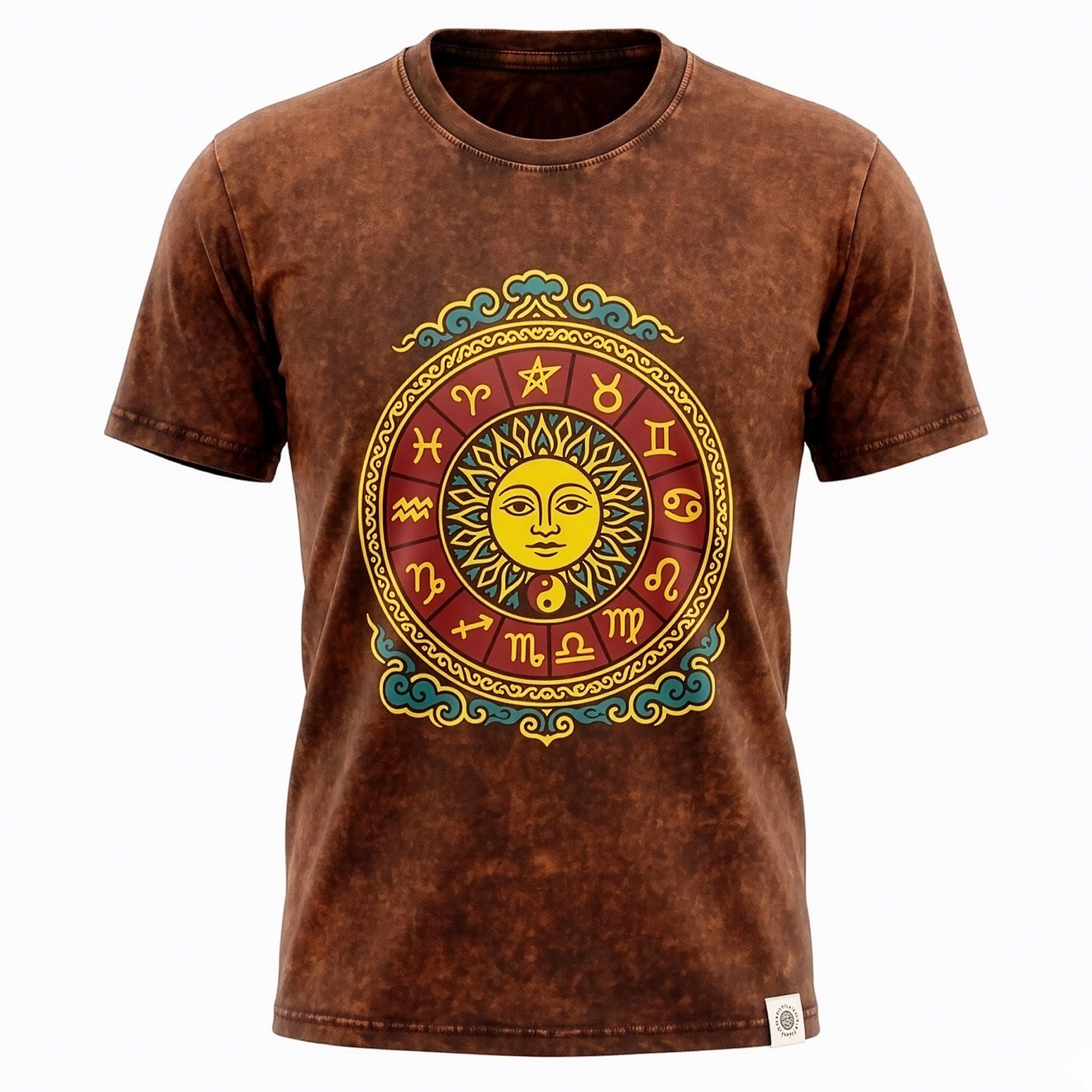 * T-Shirt en Coton Délavé Nomad Sari – Soleil & Zodiaque – Marron – XL