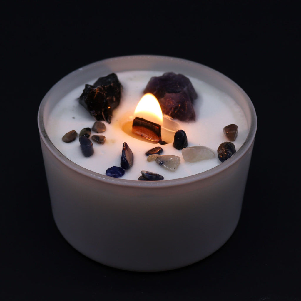 Bougie Cristal Chakra du Plexus Solaire – Améthyste & Agate Noire