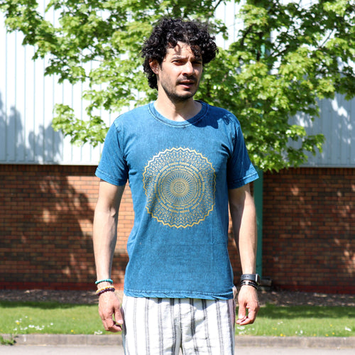 * T-Shirt en Coton Délavé Nomad Sari – Mandala – Bleu – M