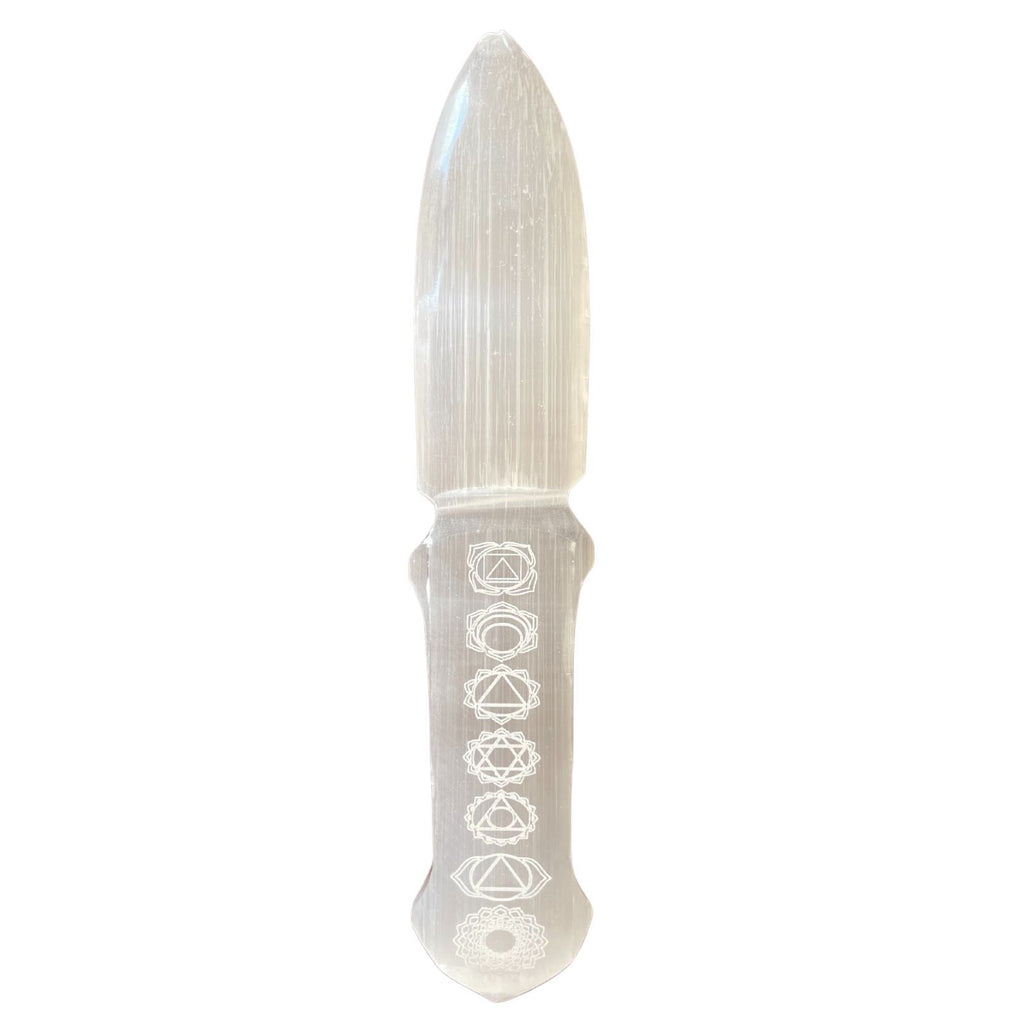 Couteau rituel en sélénite motif chakras