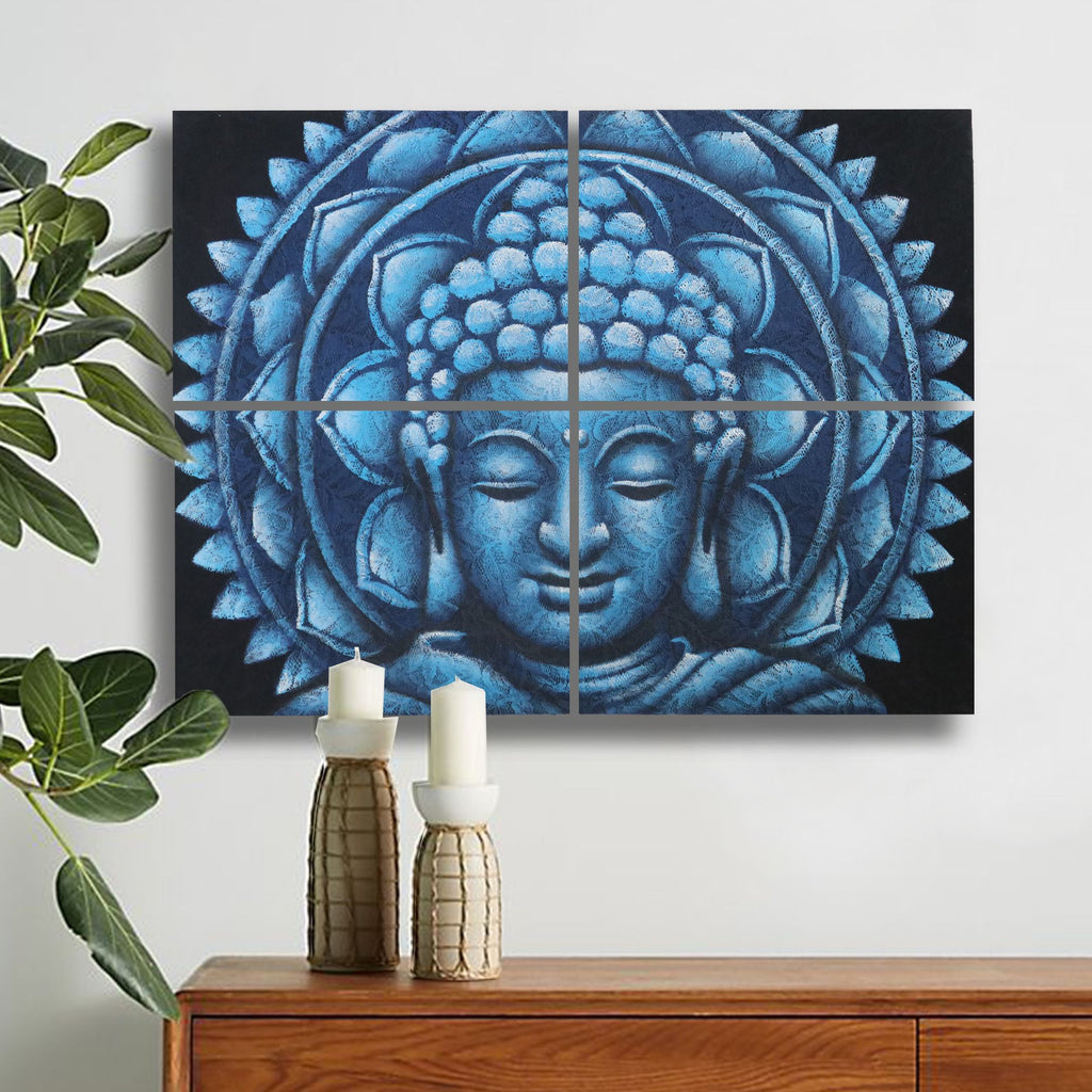 * Tableaux Bouddha bleu et mandala avec détails de brocart, 30 × 40 cm × 4