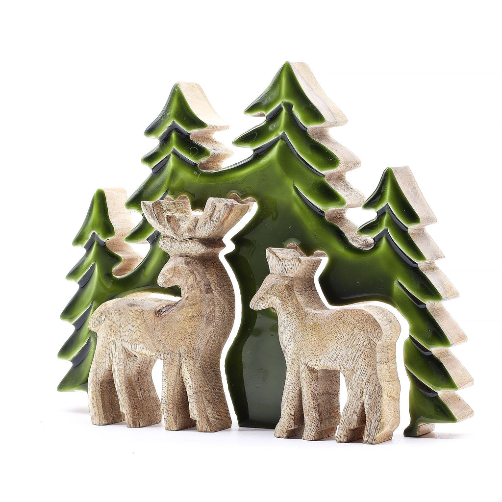* Perdu dans la forêt – Décoration en bois 3D à deux cerfs – 18 × 23 cm