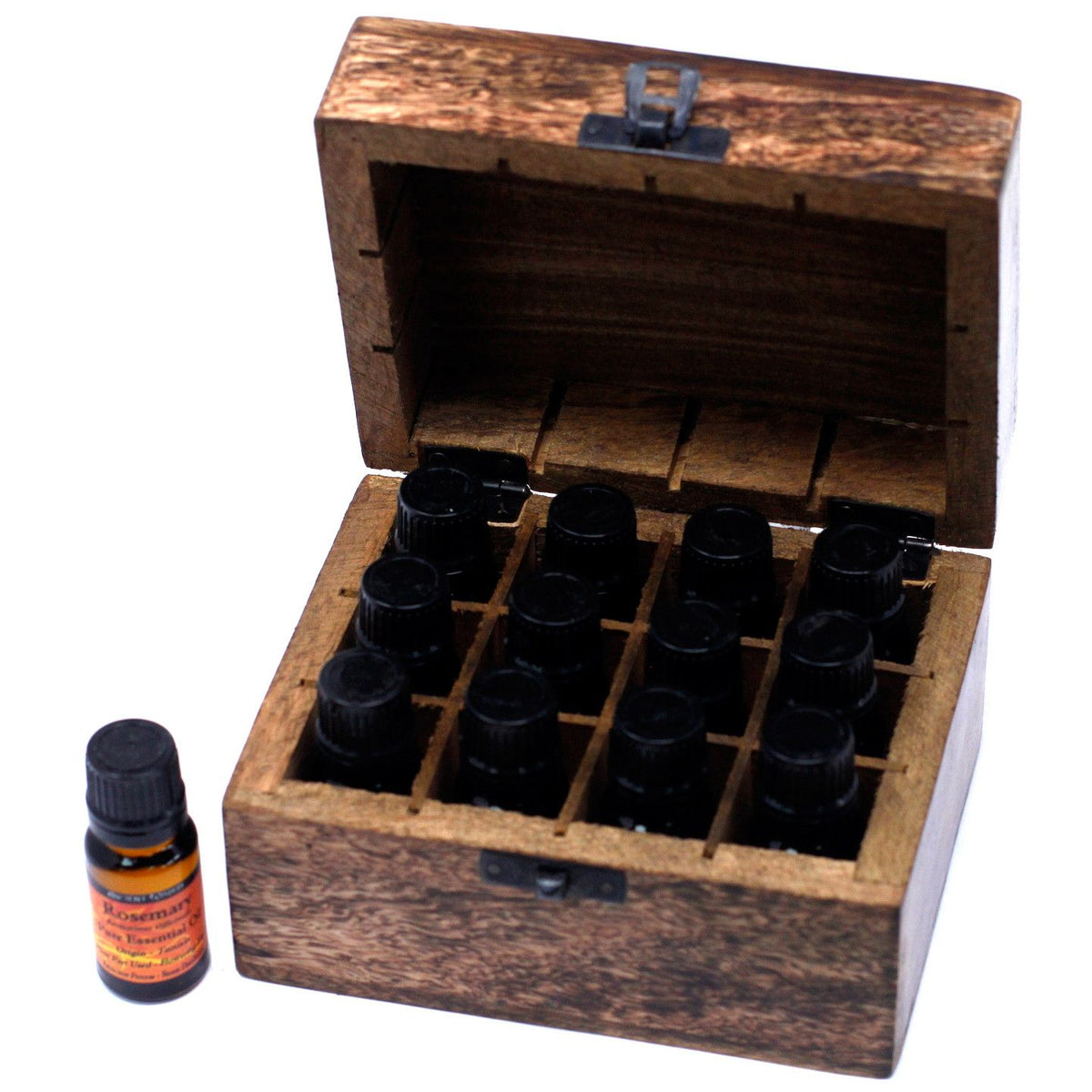 * Coffret d’aromathérapie en bois de manguier – Motifs floraux – 12 flacons