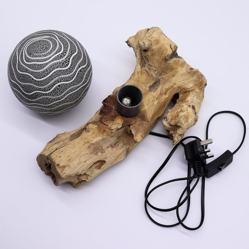 * Lampe DriftGlow en bois flotté, abat-jour Luna gris