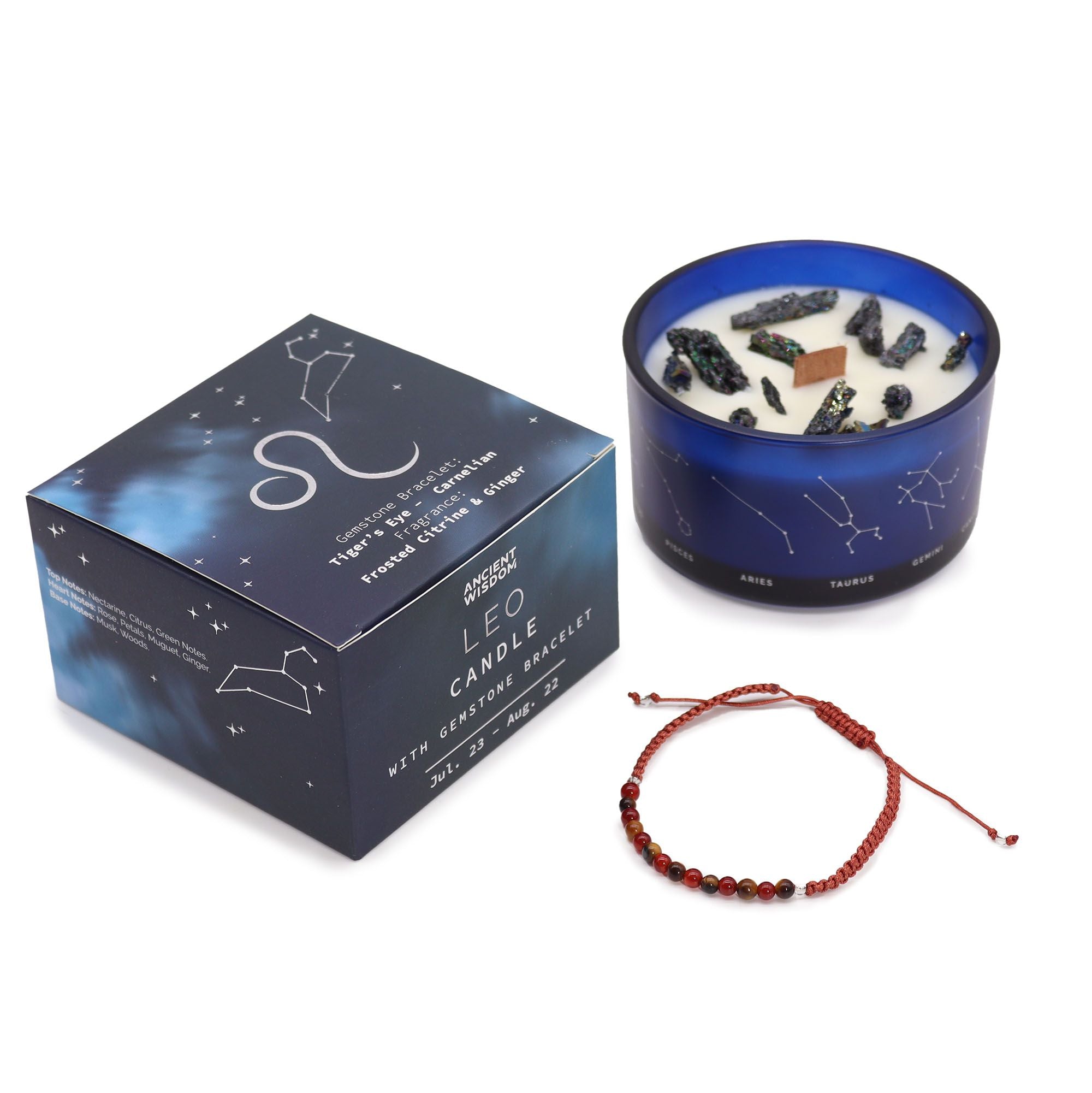* Bougie Cristal Zodiaque avec Bracelet en Pierres Précieuses – Lion