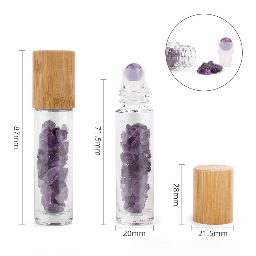 Flacon roll-on 5 ml en améthyste avec bouchon en bois et bille en pierre d’améthyste