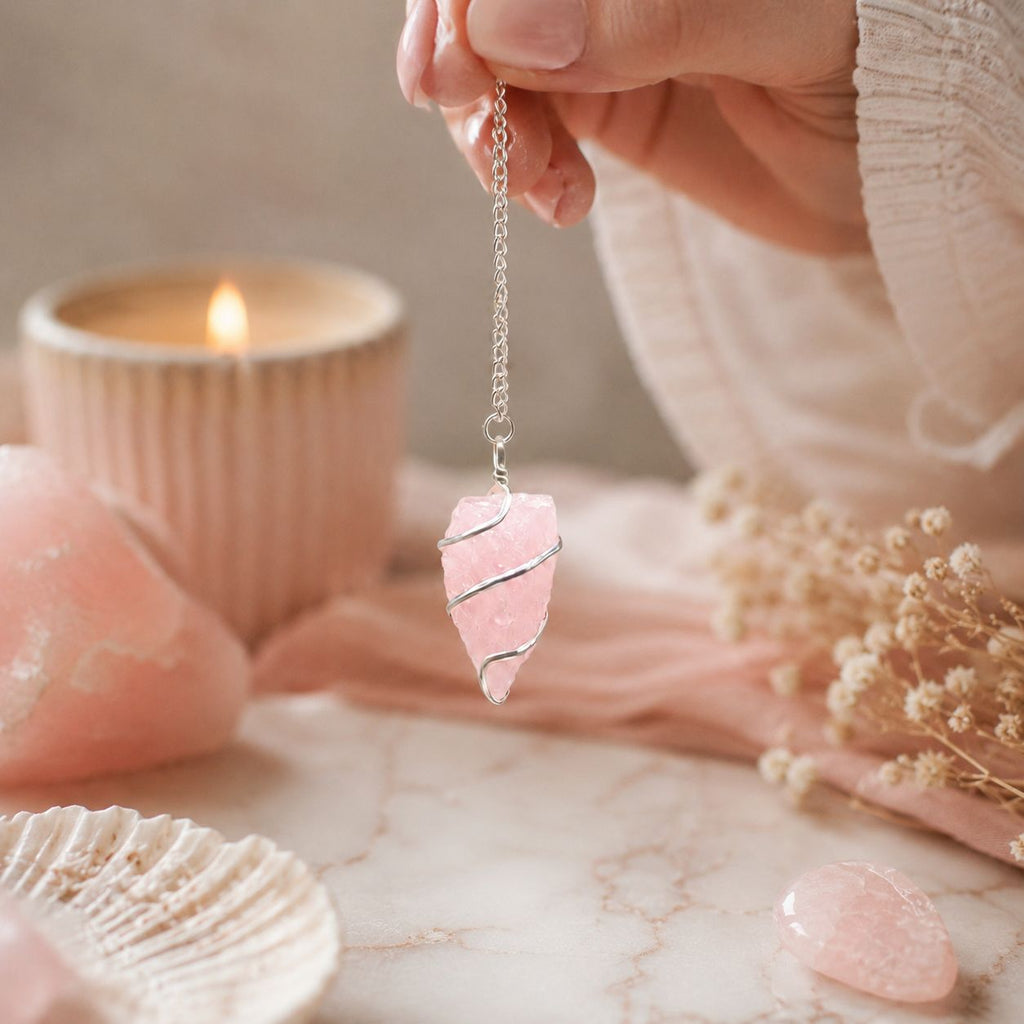 Pendule en quartz rose brut avec spirale argentée