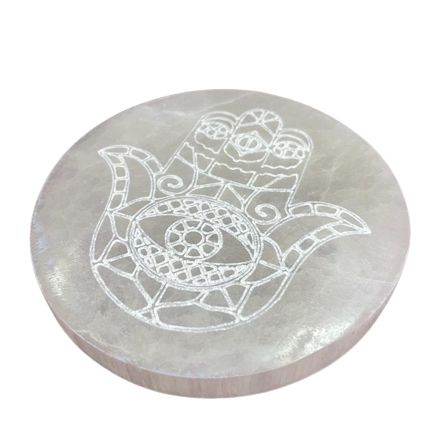 Plaque de rechargement en sélénite motif Hamsa, 10 cm