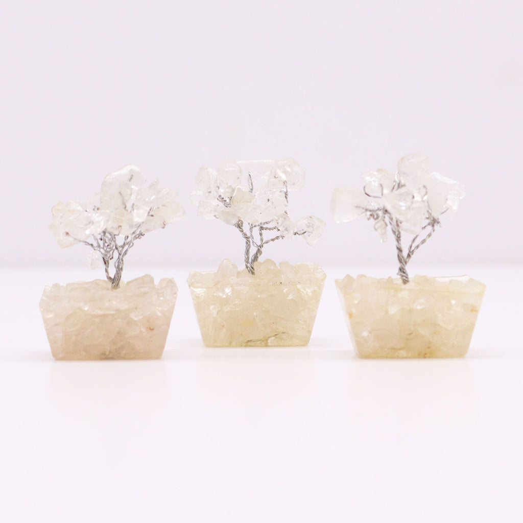 Mini Arbres en Pierres Précieuses sur Base d'Orgonite – Quartz Cristal de Roche (15 pierres)