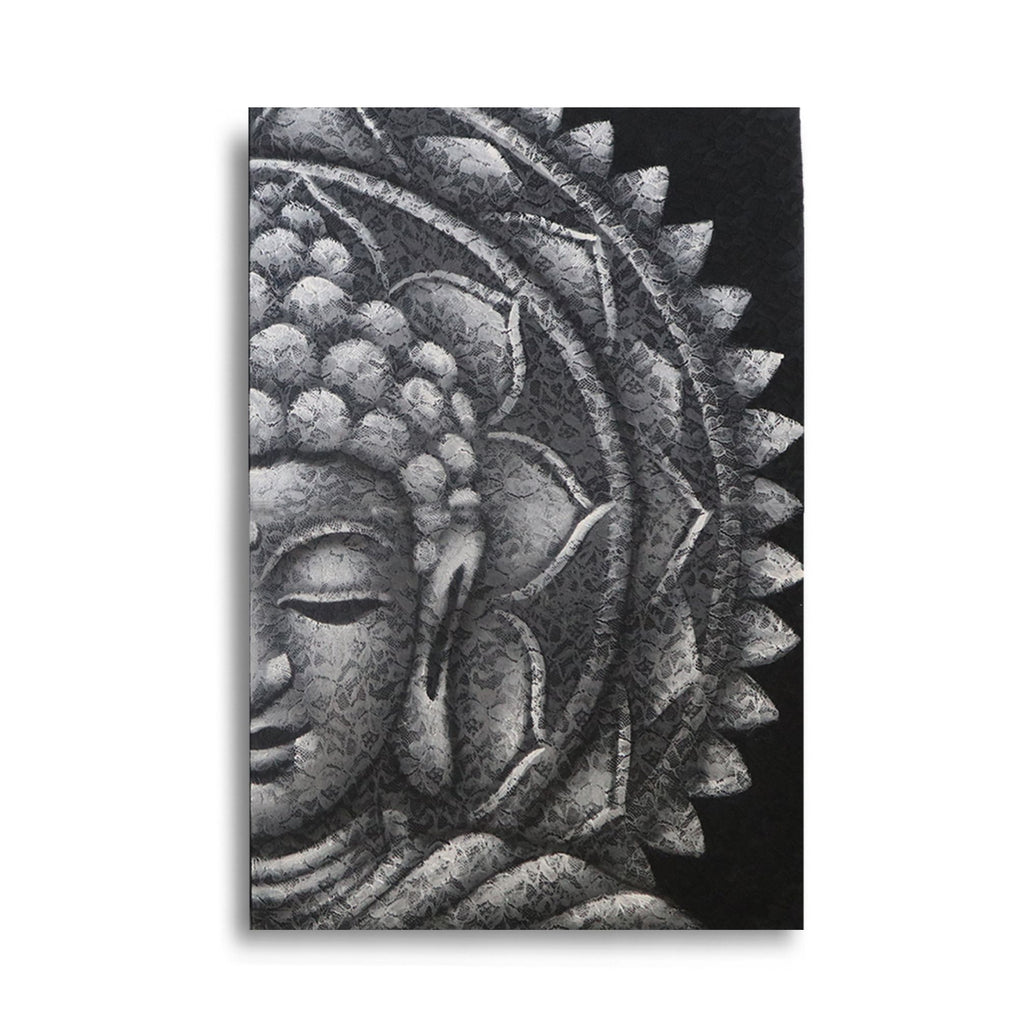 * Tableau demi-visage de Bouddha gris et mandala, 60 × 80 cm
