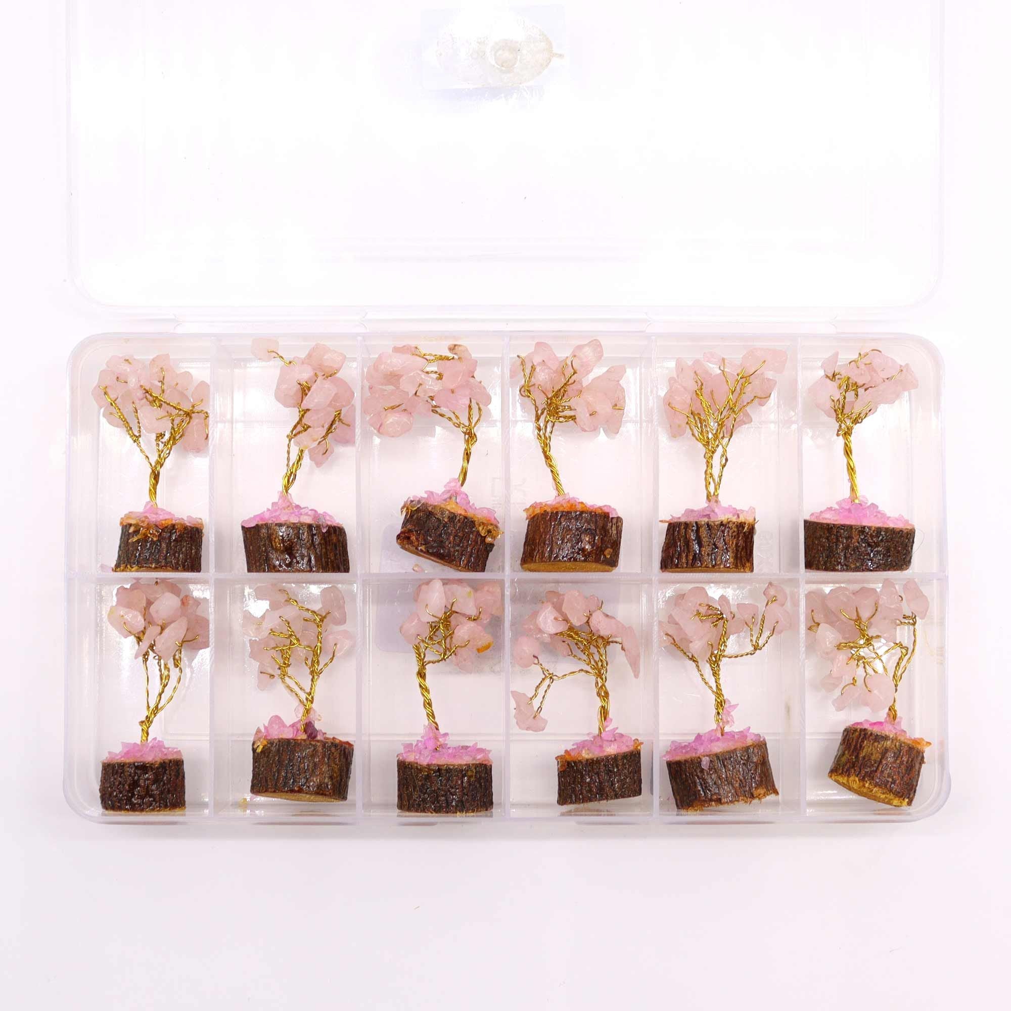 Mini Arbres en Pierres Précieuses sur Socle en Bois – Quartz Rose (15 pierres)