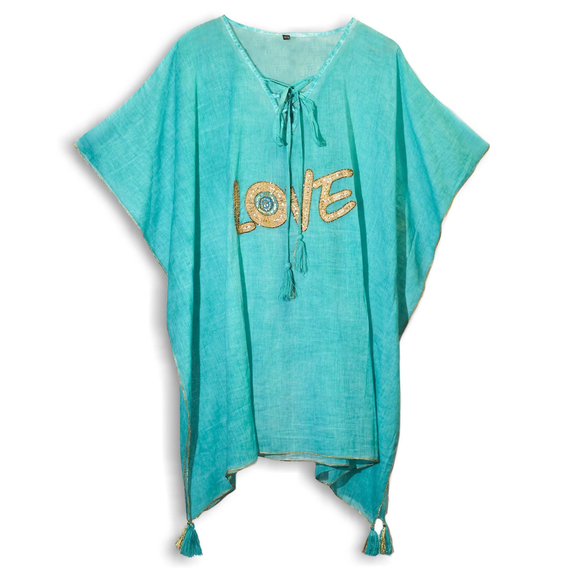 Kaftan Femme Turquoise & Or Motif Love – Collection Nomad Sari Méditerranée