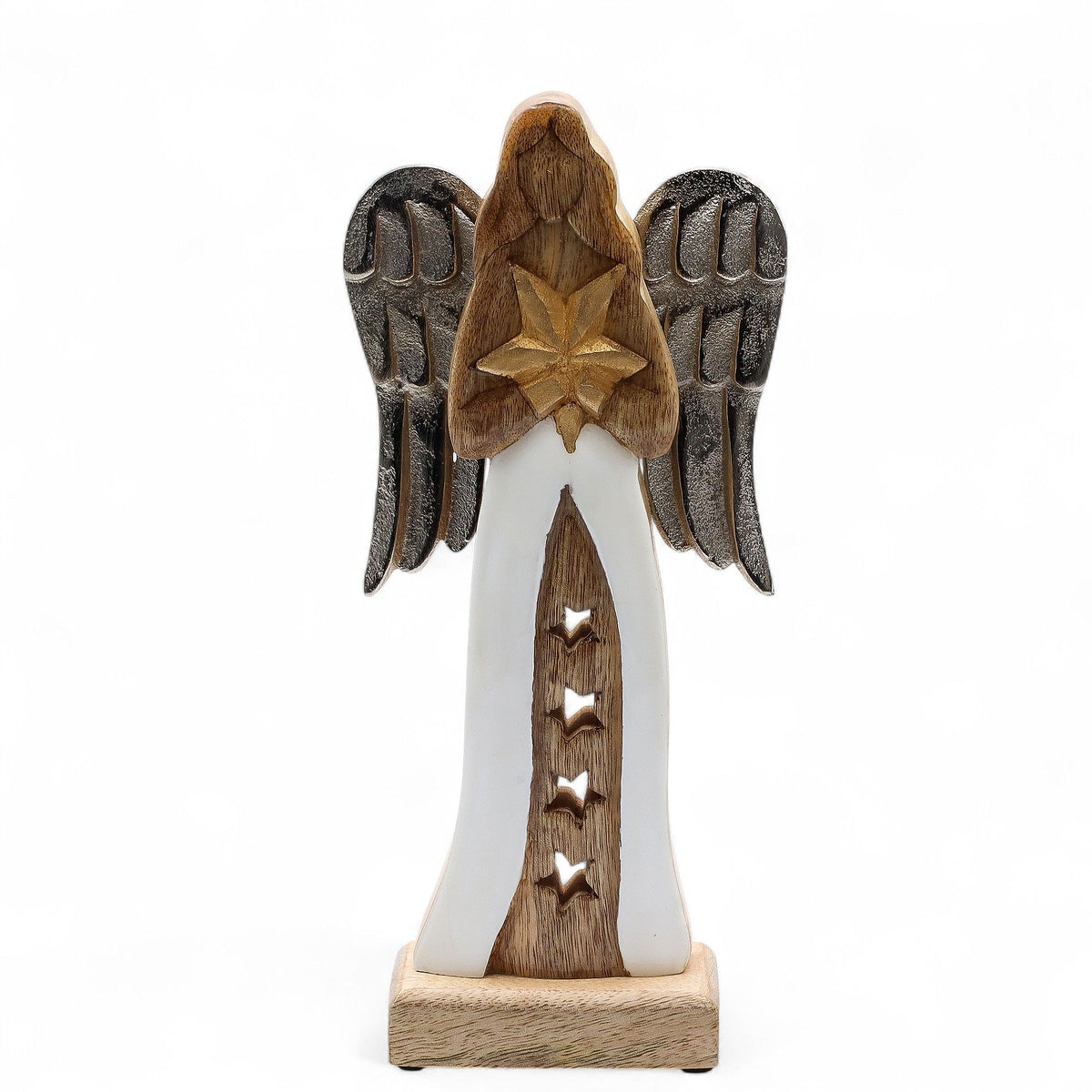 * Grand ange étoilé en bois de manguier 30 cm – Ailes en métal et détails émaillés