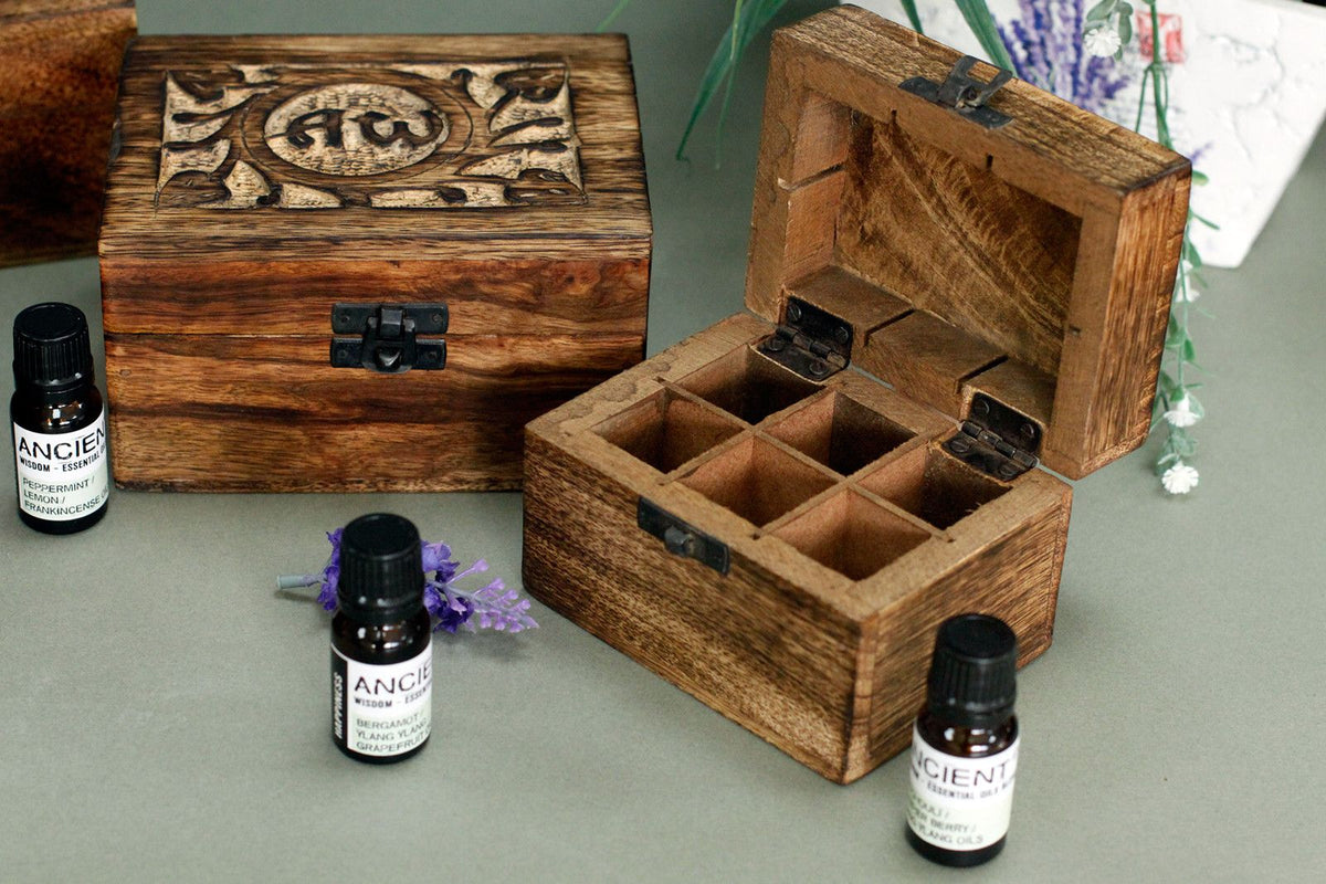 * Coffret d’aromathérapie en bois de manguier – AW – 6 flacons