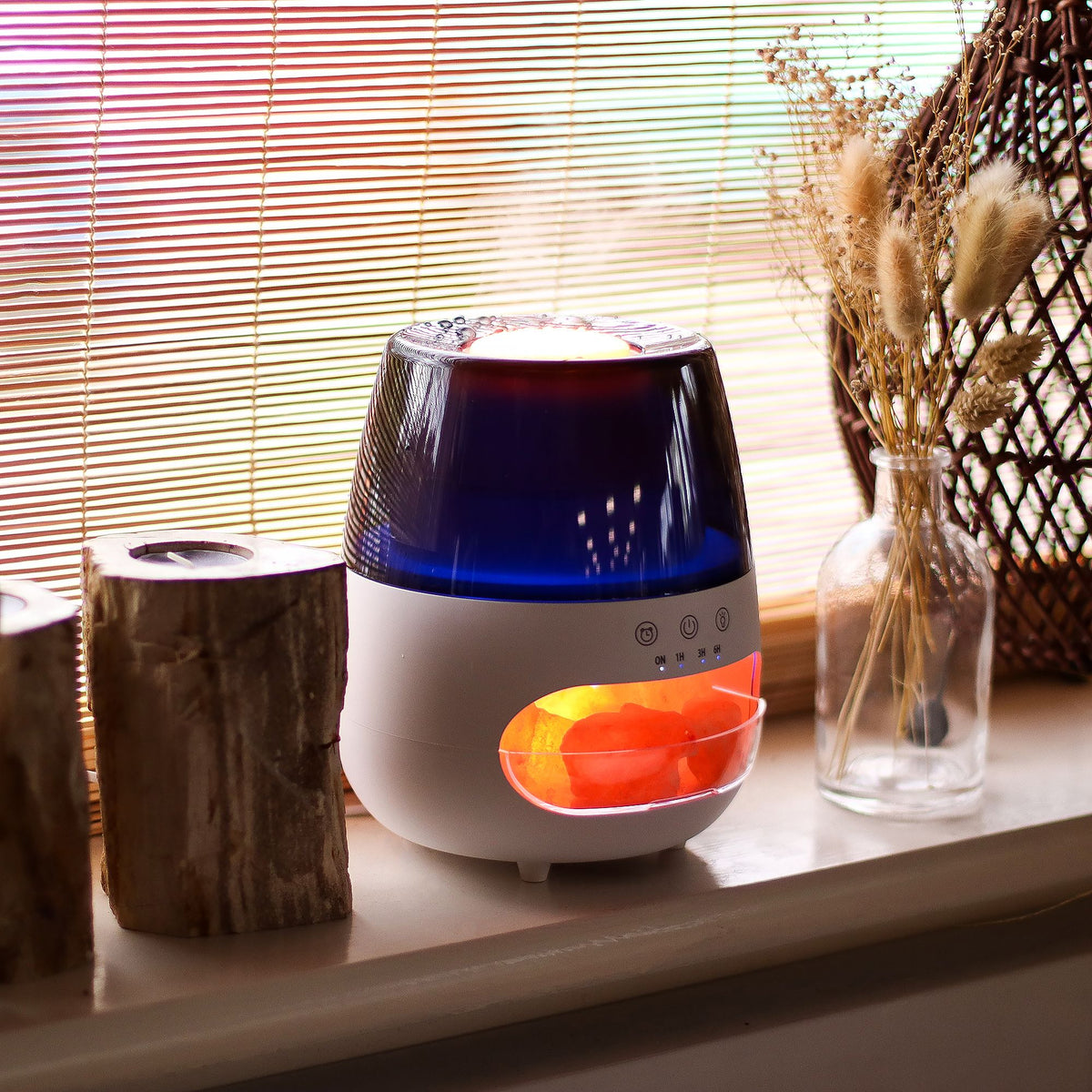 * Diffuseur aromatique effet pierre de sel et flamme – Blanc, USB, éclairage multicolore et minuterie