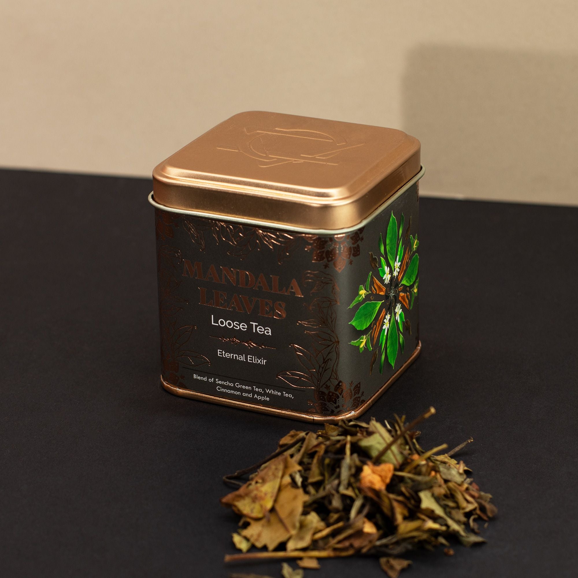 Thé Élixir Éternel 50g – Mélange Thé Vert & Blanc Cannelle Pomme Amande | Boîte Métallique