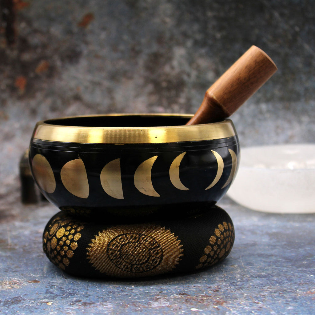 * Grand coffret de bol chantant noir aux phases lunaires, 14 cm