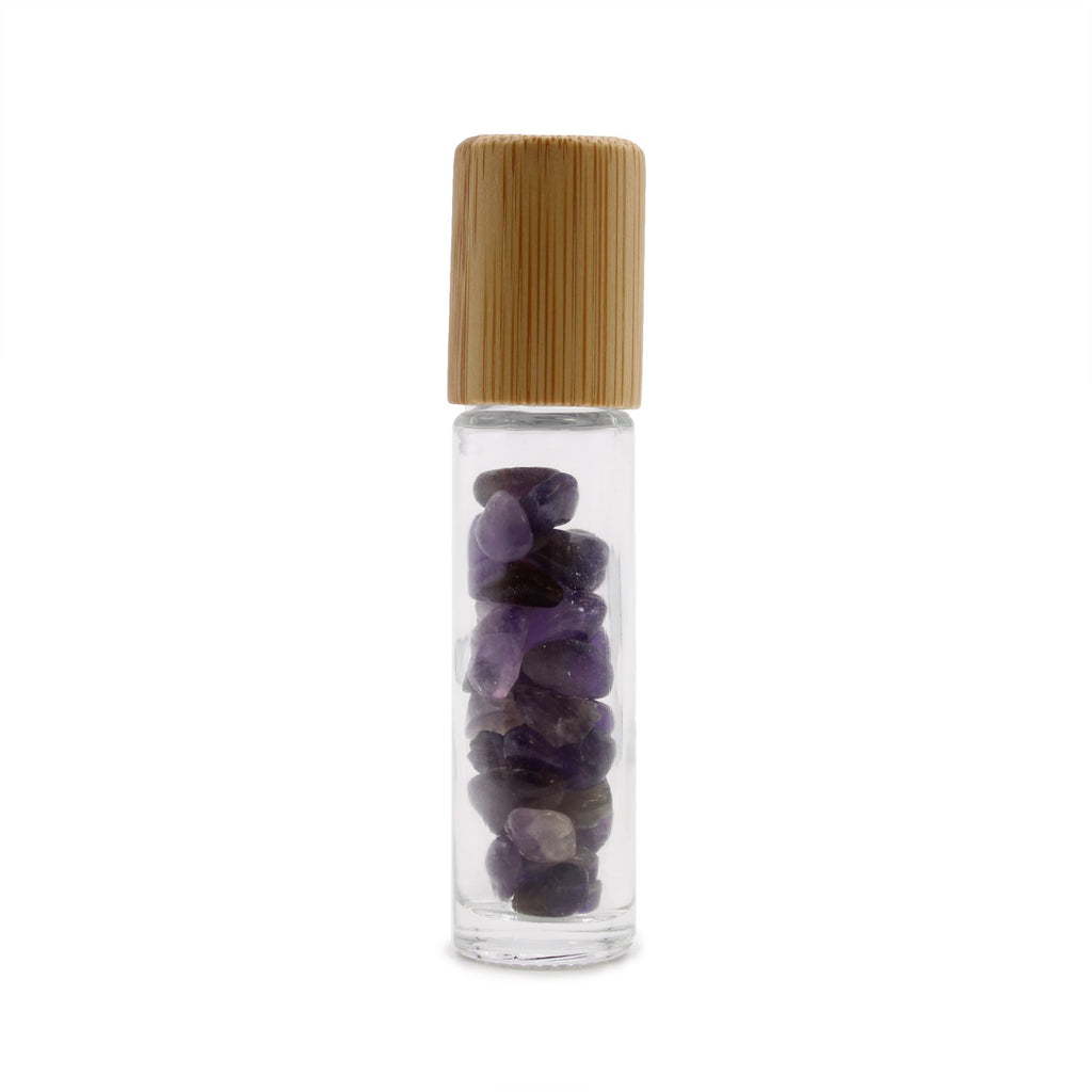 Flacon roll-on 5 ml en améthyste avec bouchon en bois et bille en pierre d’améthyste