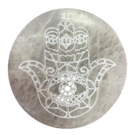 Plaque de rechargement en sélénite motif Hamsa, 10 cm