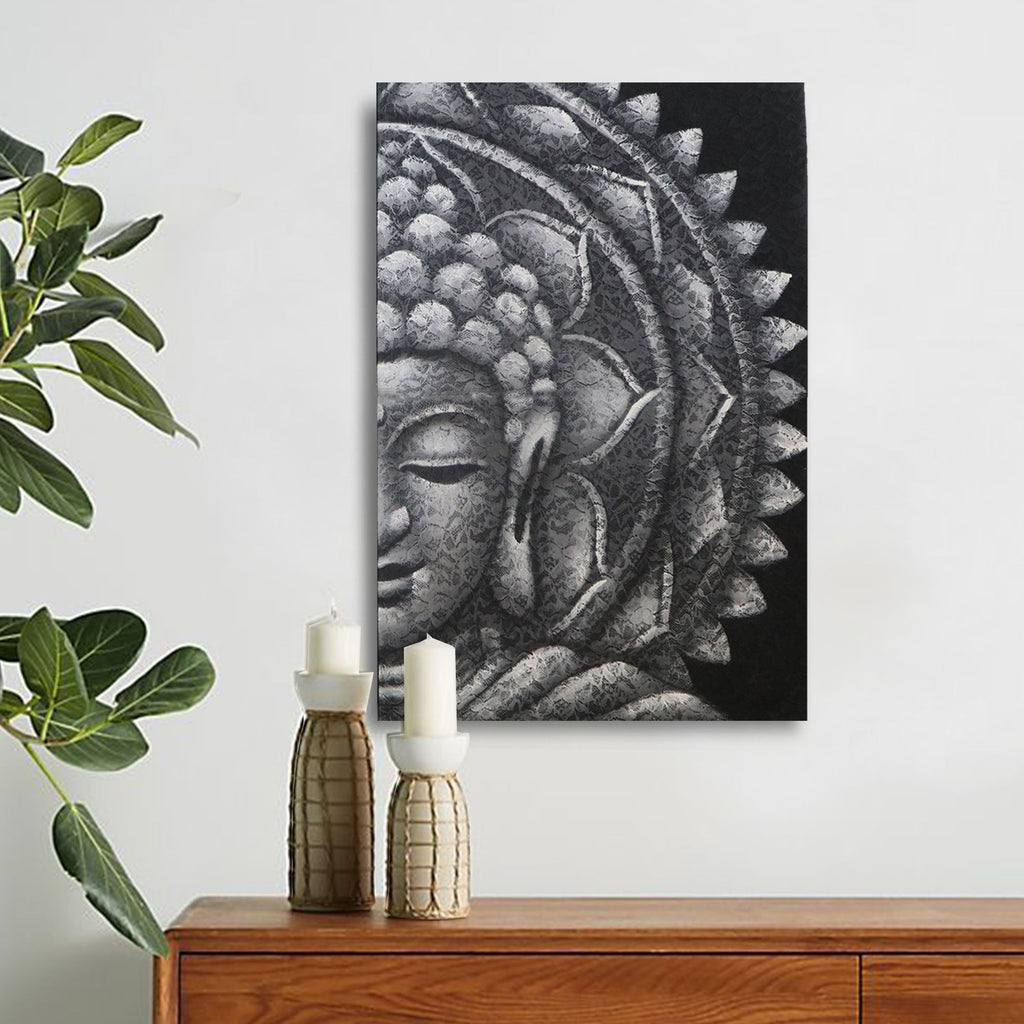 * Tableau demi-visage de Bouddha gris et mandala, 60 × 80 cm