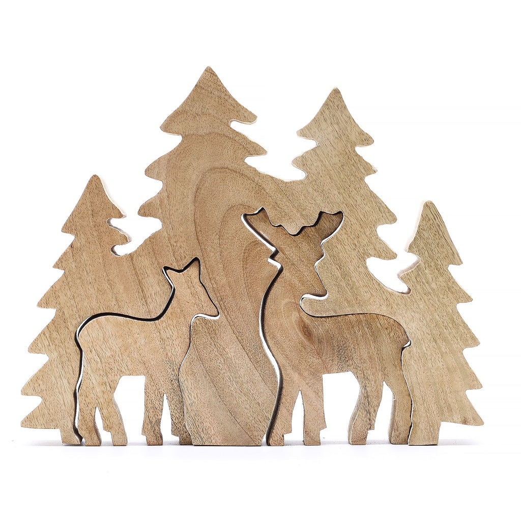 * Perdu dans la forêt – Décoration en bois 3D à deux cerfs – 18 × 23 cm