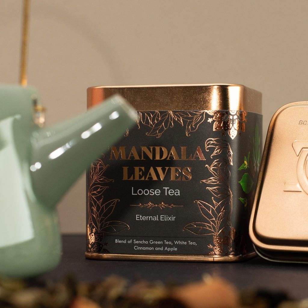 Thé Élixir Éternel 50g – Mélange Thé Vert & Blanc Cannelle Pomme Amande | Boîte Métallique