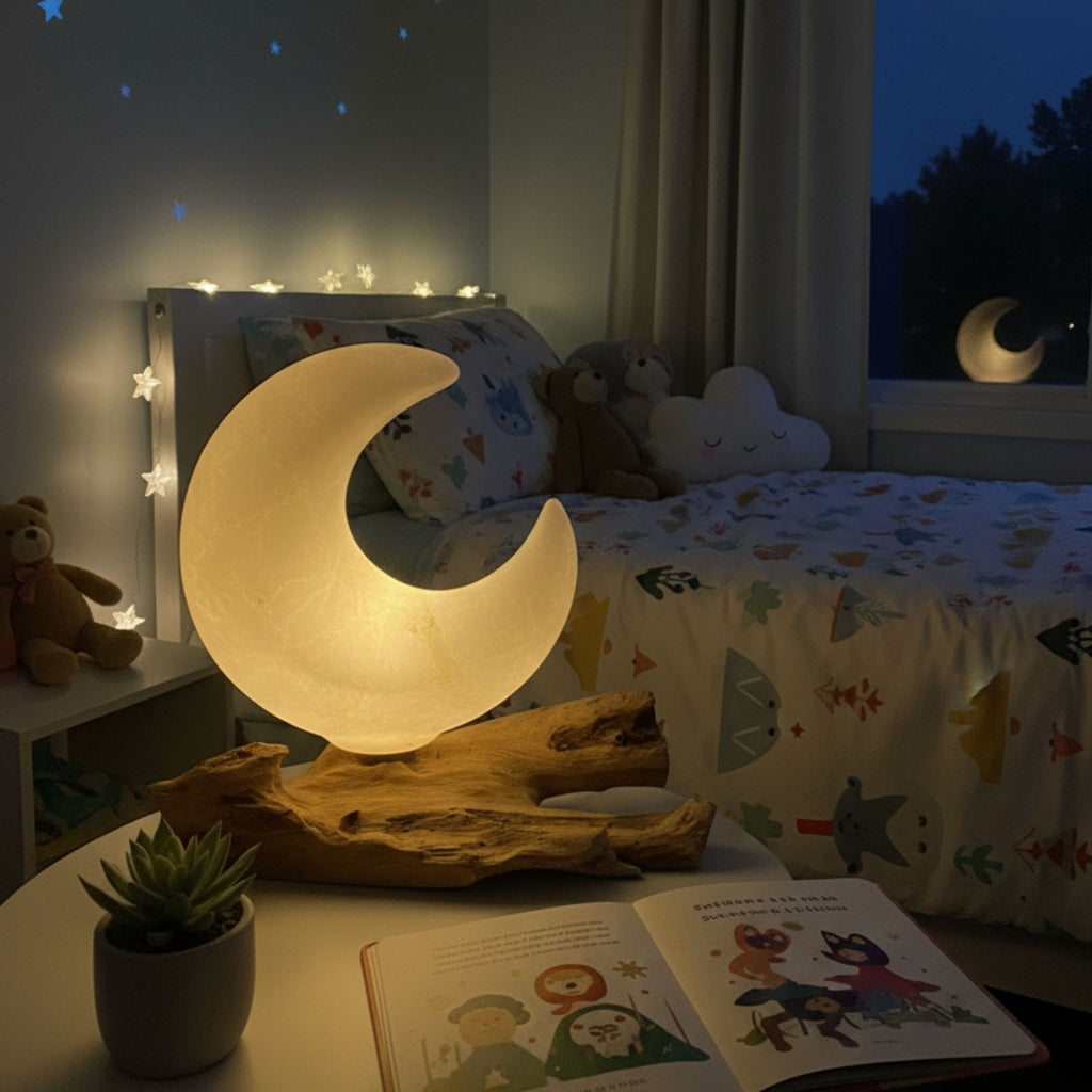 * Lampe DriftGlow – Abat-jour lune gris craquelé et pied en bois flotté