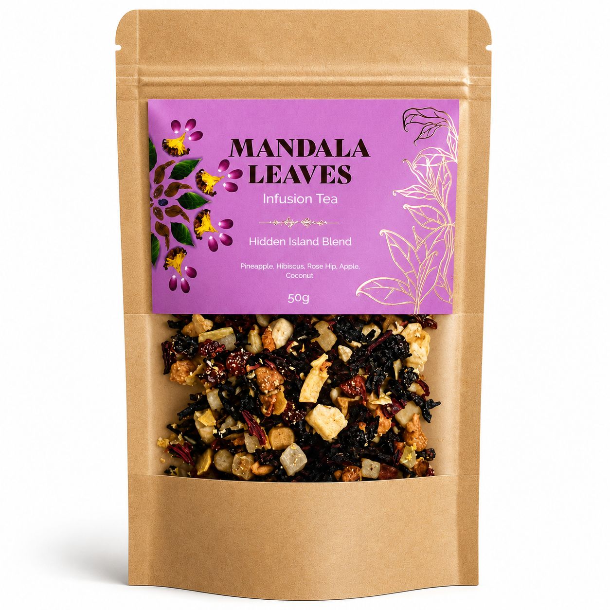 Îles Cachées 50g – Infusion Piña Colada Ananas Noix de Coco Cynorrhodon | Sachet Artisanal