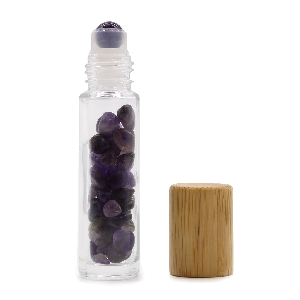 Flacon roll-on 5 ml en améthyste avec bouchon en bois et bille en pierre d’améthyste