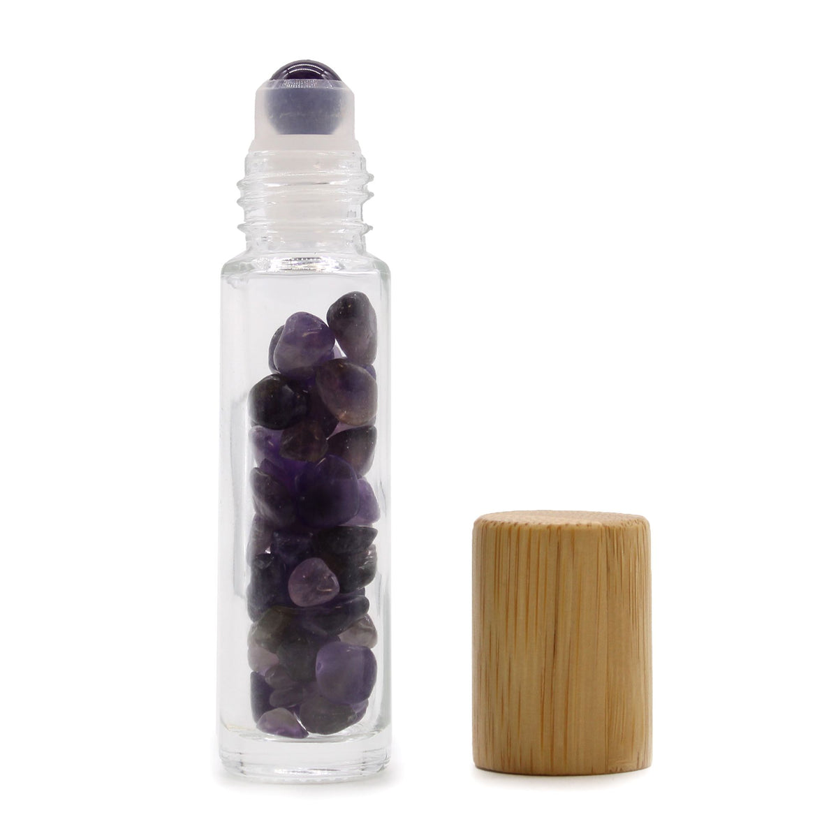 Flacon roll-on 5 ml en améthyste avec bouchon en bois et bille en pierre d’améthyste