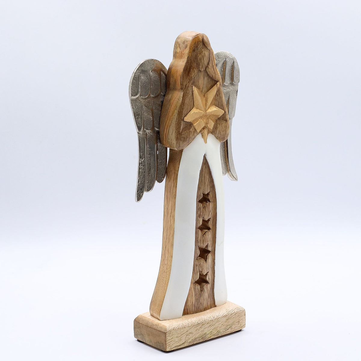 * Grand ange étoilé en bois de manguier 30 cm – Ailes en métal et détails émaillés