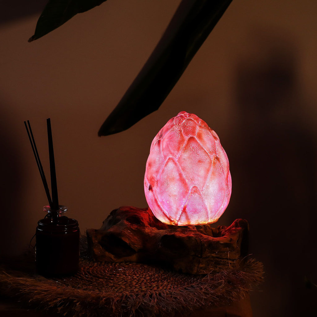 * Lampe DriftGlow en bois flotté, abat-jour fleur de lotus craquelé violet