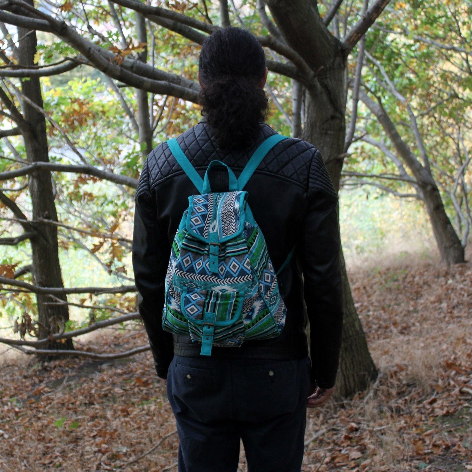Sac à Dos Jacquard Ethnique – Coloris Teal | Style Népalais | Artisanal