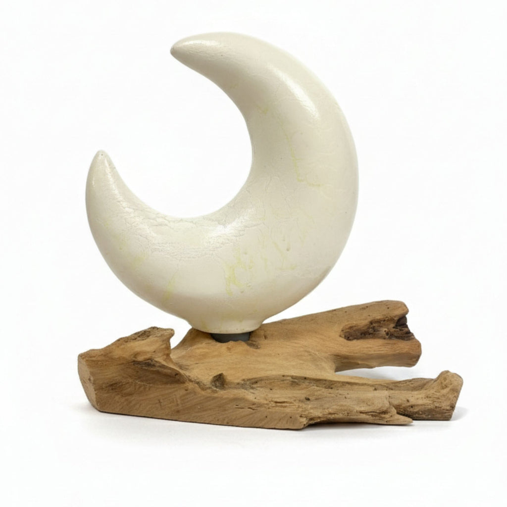 * Lampe DriftGlow – Abat-jour lune gris craquelé et pied en bois flotté