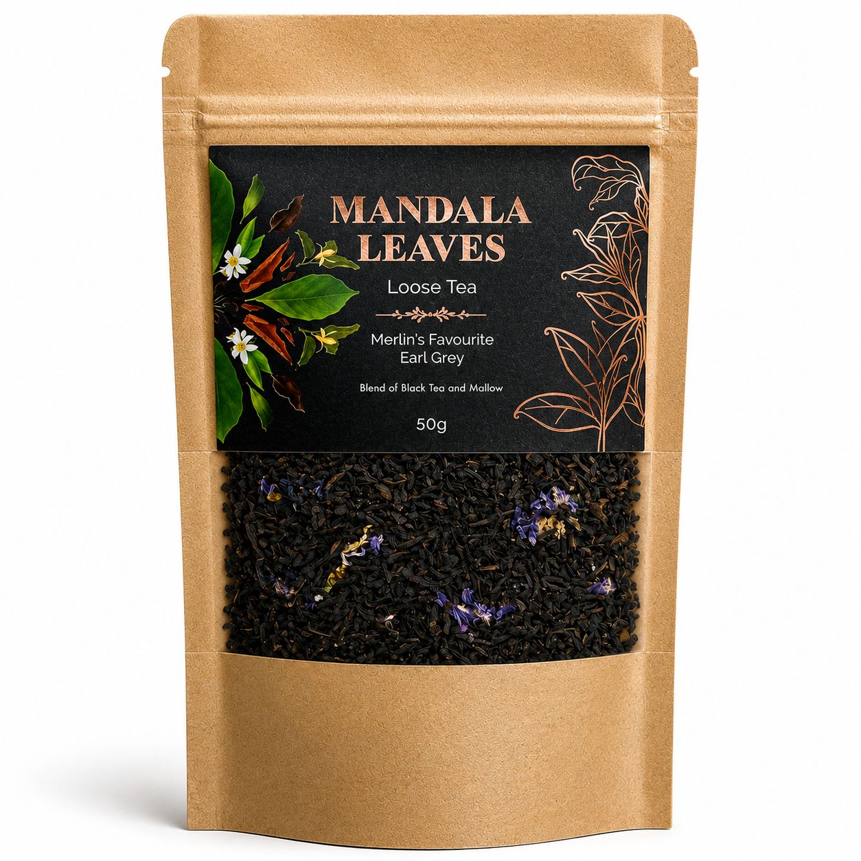 Earl Grey Préféré de Merlin 50g – Thé Noir Bergamote & Mauve | Sachet Artisanal