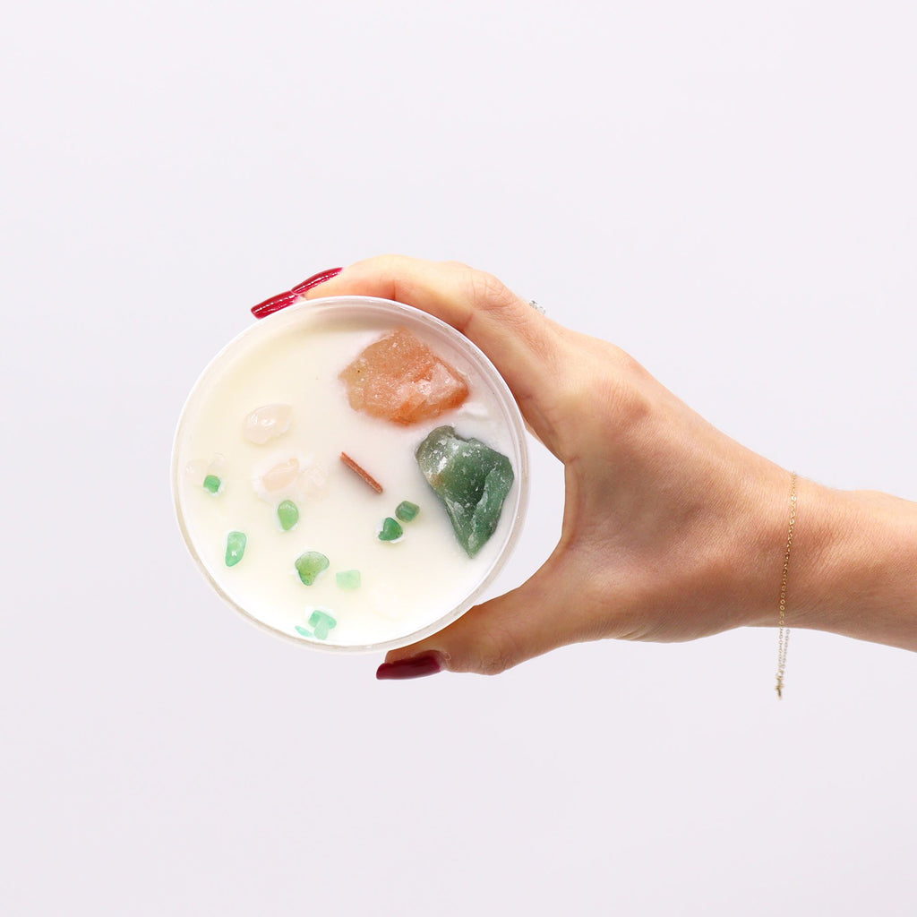 Bougie Cristal Chakra du Cœur – Quartz Rose & Jade