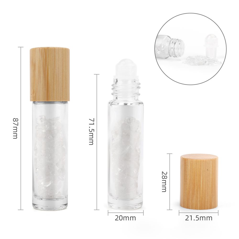 * Flacon roll-on pour huiles essentielles en cristal de roche – Bouchon en bois + embout à bille en cristal de roche pour flacon de 5 ml