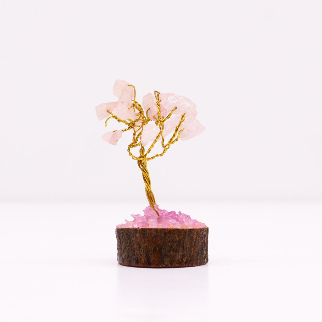Mini Arbres en Pierres Précieuses sur Socle en Bois – Quartz Rose (15 pierres)