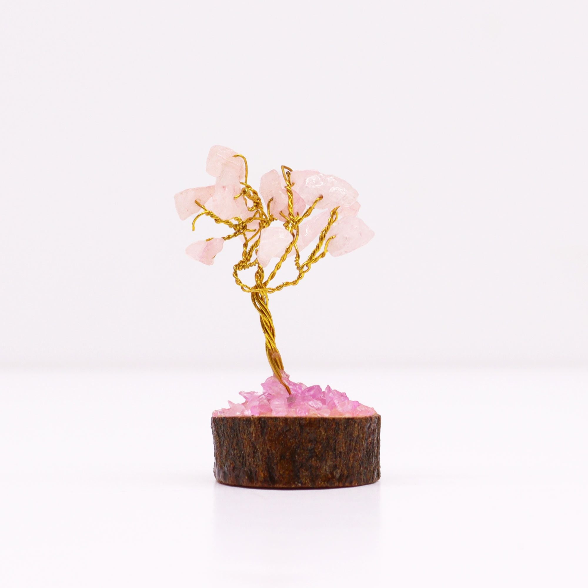 Mini Arbres en Pierres Précieuses sur Socle en Bois – Quartz Rose (15 pierres)