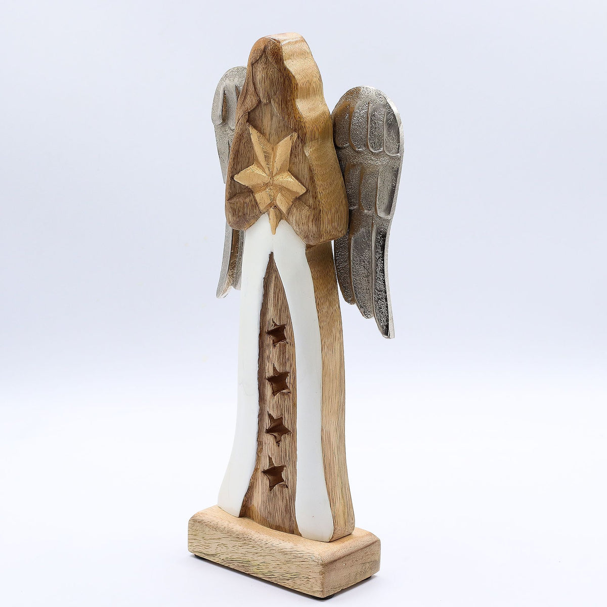 * Grand ange étoilé en bois de manguier 30 cm – Ailes en métal et détails émaillés