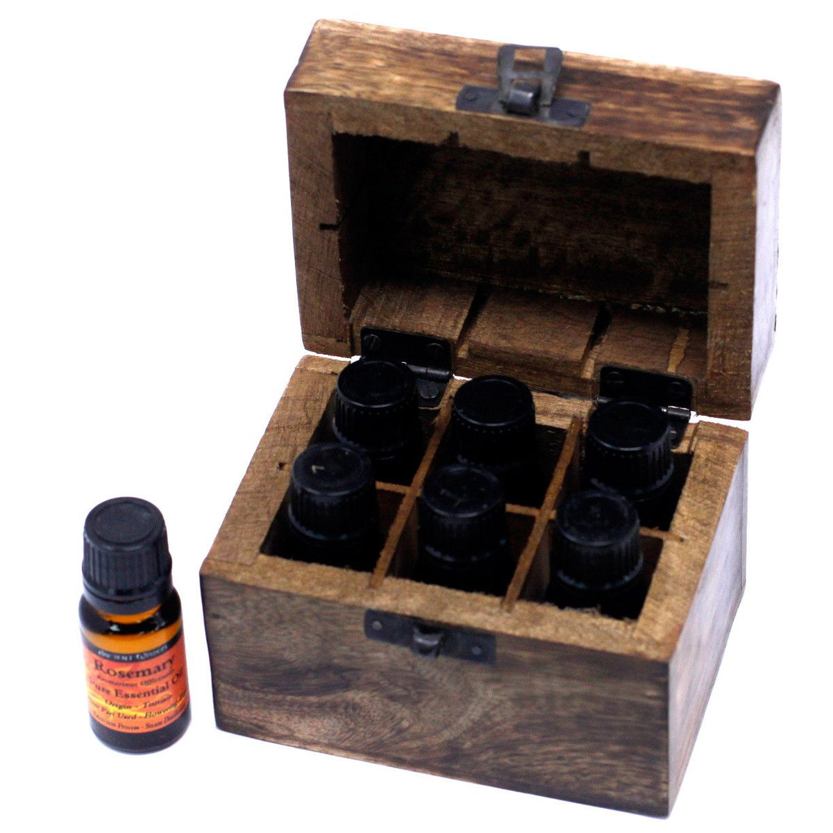 * Coffret d’aromathérapie en bois de manguier – Motifs floraux – 6 flacons