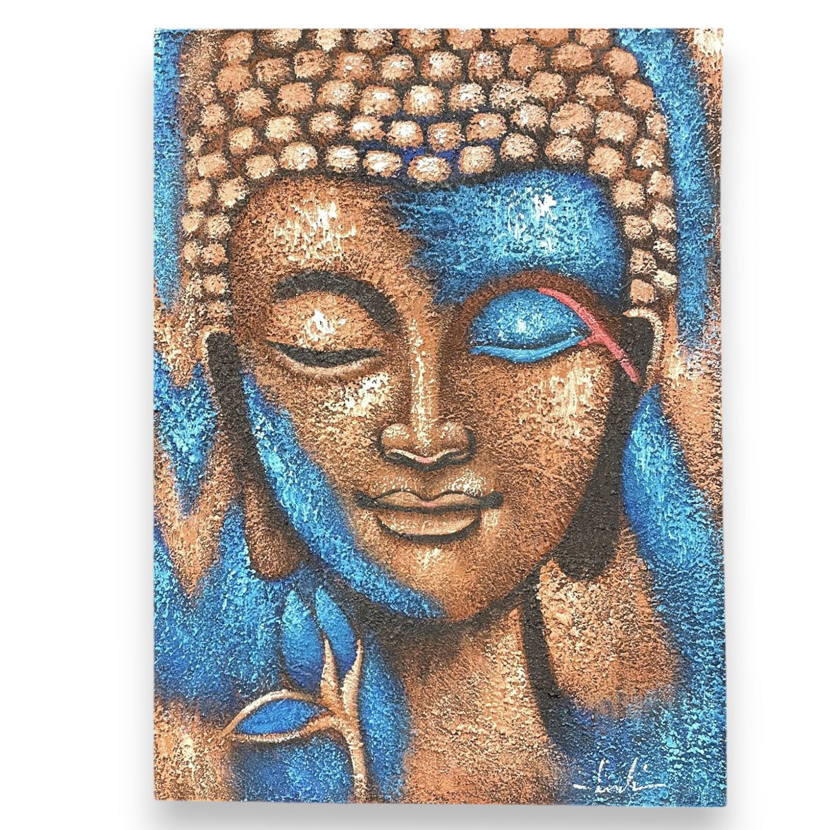 * Tableau Bouddha bronze et fleur bleue, 75 × 55 cm