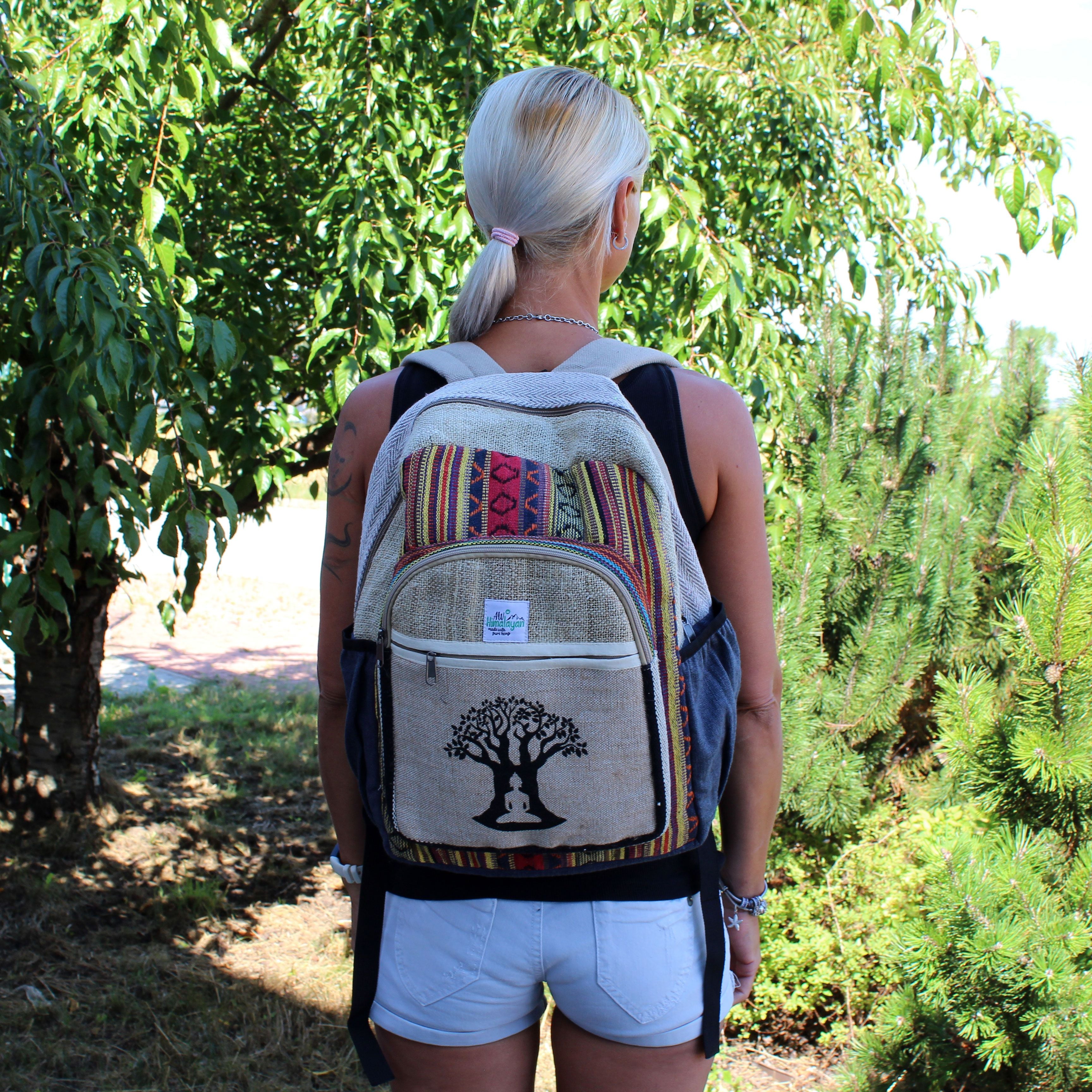 Grand Sac à Dos en Chanvre – Motif Arbre de Bodhi | Artisanal Népal