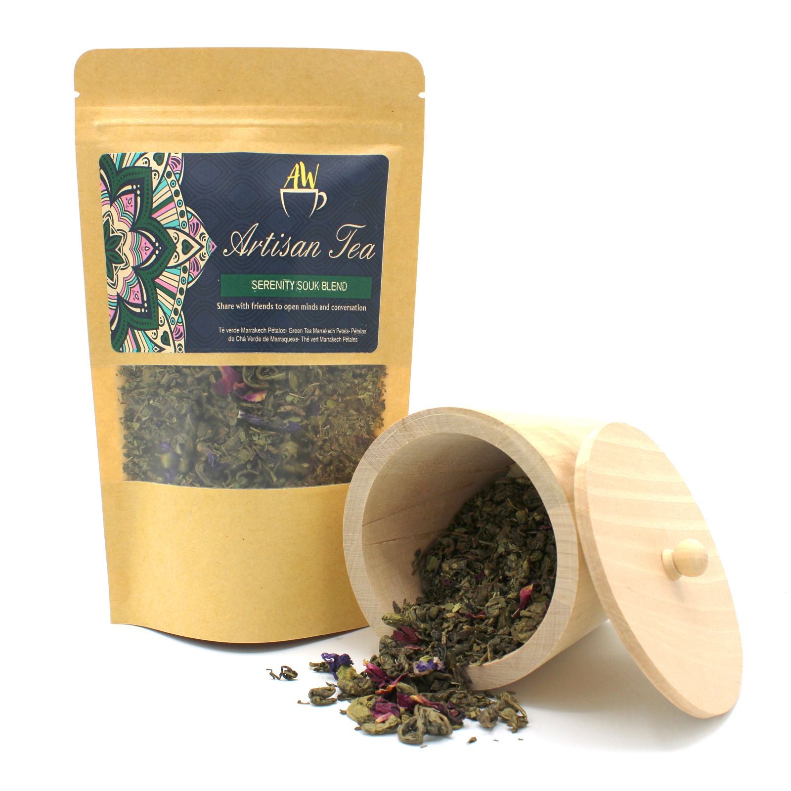 Sérénité Souk 50g – Thé Vert Menthe Marrakech Pétales | Infusion Purifiante Sachet Artisanal