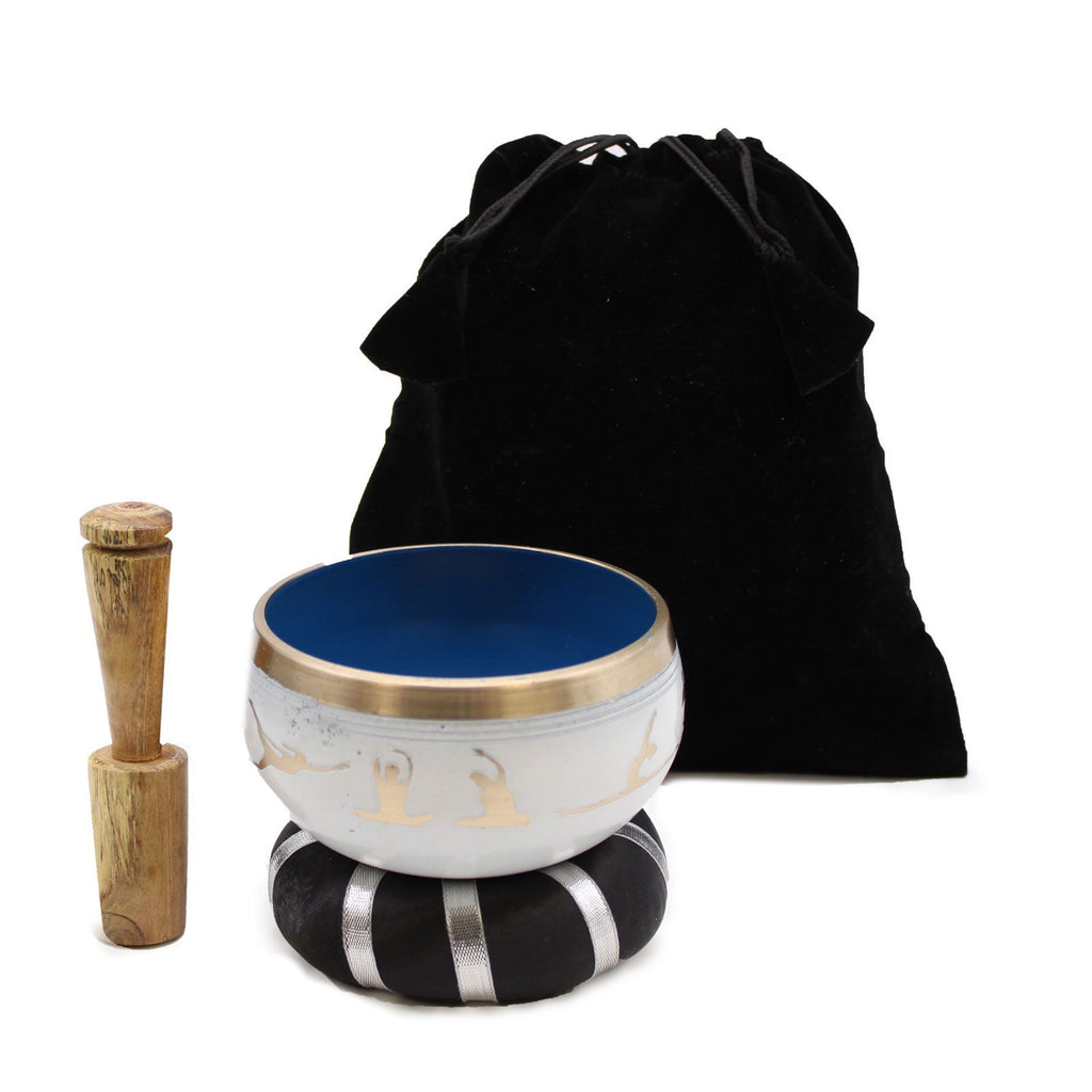 * Coffret de bol chantant blanc et bleu aux postures de yoga, 10,7 cm