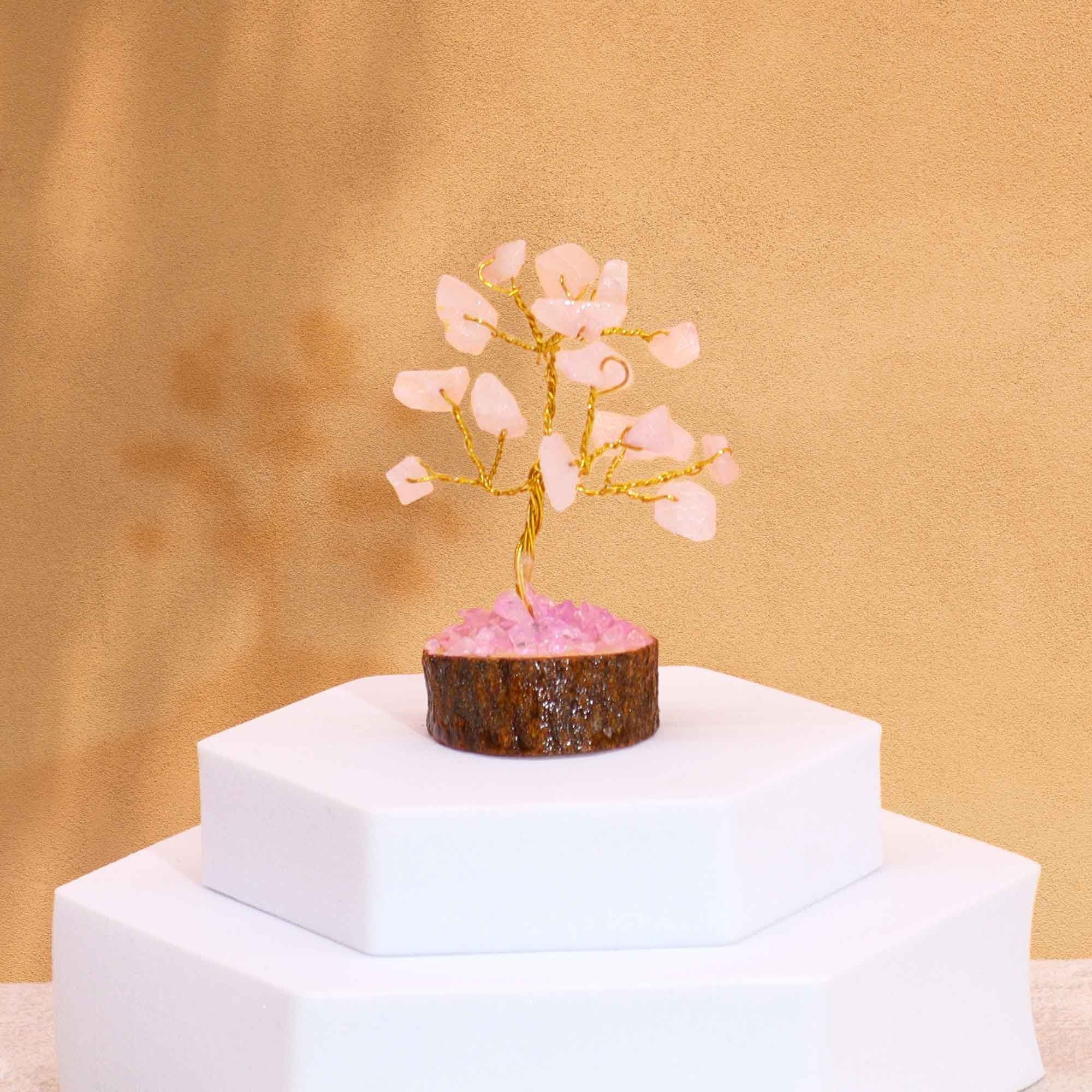Mini Arbres en Pierres Précieuses sur Socle en Bois – Quartz Rose (15 pierres)
