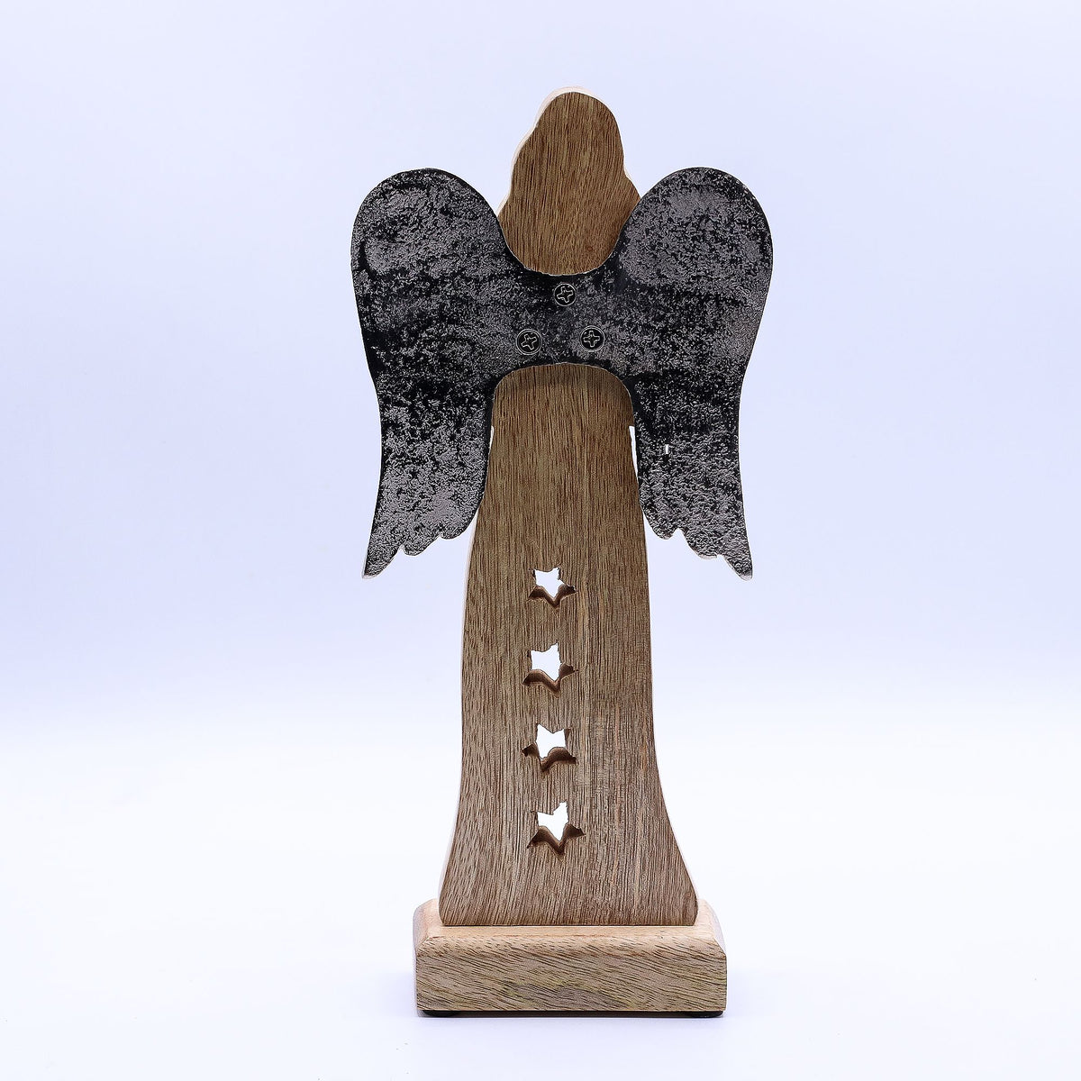 * Grand ange étoilé en bois de manguier 30 cm – Ailes en métal et détails émaillés