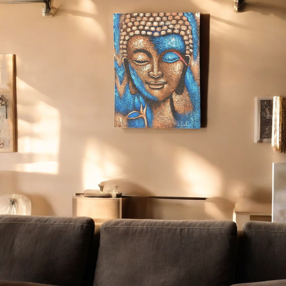 * Tableau Bouddha bronze et fleur bleue, 75 × 55 cm