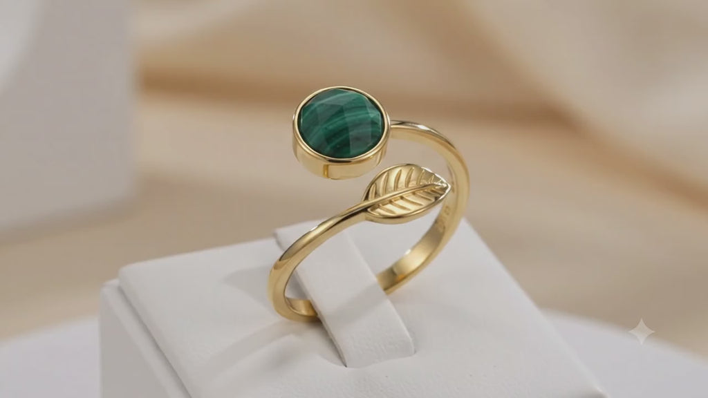 ✦ Bague Argent 925 Malachite Plaquée Or | Feuille d'Or | Taille Réglable